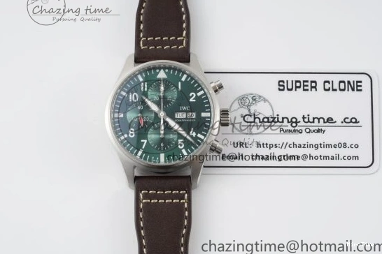 MIROTIME 0319 Bright Pilot Chrono SS AZF 1:1 Best Edition Green Dial on Brown Leather Strap A 7059